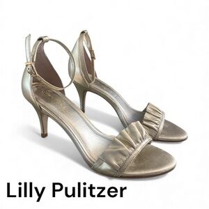 ✨ Lilly Pulitzer Gold Metallic Ankle Strap Heels – Size 7M – Made in Brazil